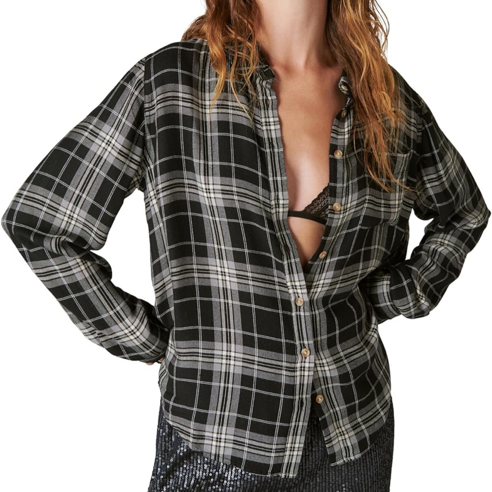 Lucky Brand Black and White Button Down Shirt with Notched Collar